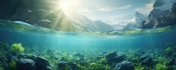 World ocean wildlife landscape, sunlight through water surface with coral reef on the ocean floor, natural scene. Marine life. Environment and ecosystem concept. World Maritime Day