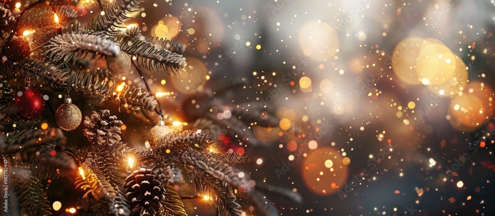Aufkleber Winter holiday backdrop with sparkling lights and a Christmas tree in close up featuring text space image. with copy space image. Place for adding text or design