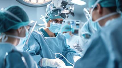 Group of surgeons performing a surgical procedure in an operating room, wearing surgical masks, caps, and gloves, with medical equipment and lights visible.