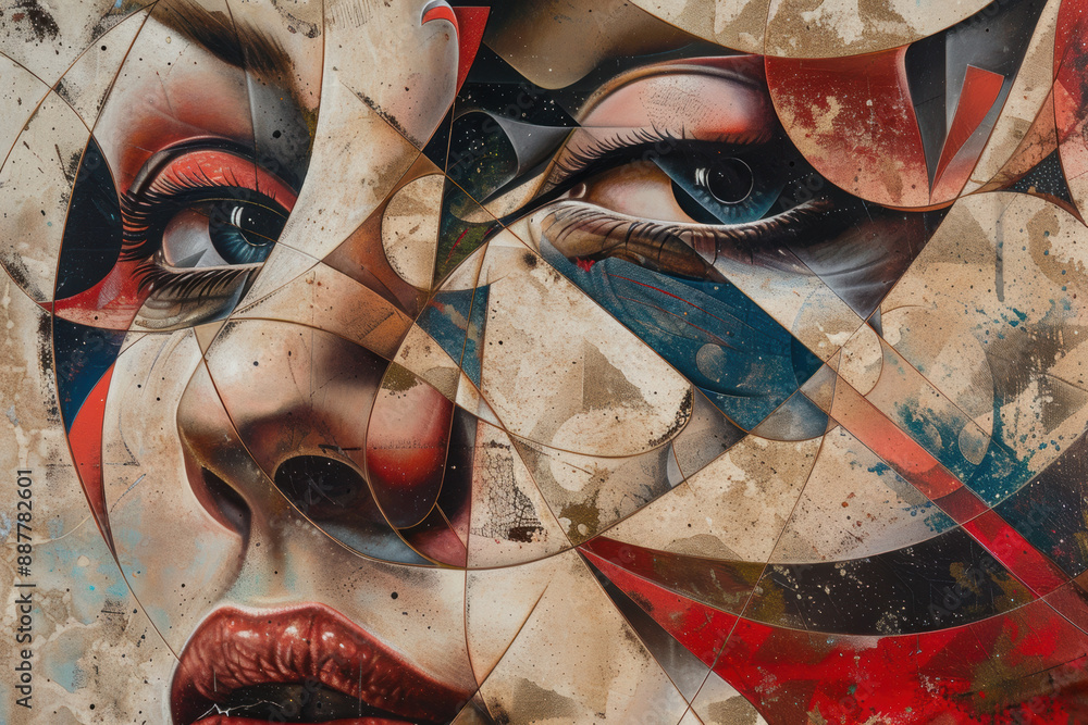 Poster surrealistic portrait of a woman's face with geometric patterns and vibrant colors. abstract shapes 