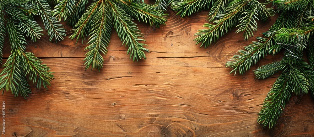 Aufkleber Wooden board with a Christmas green fir tree creating a New Year background with copy space image