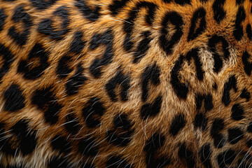 Fototapeta premium Leopards skin pattern, leopard print background, close-up of the texture and details of fur with black spots on golden brown leopard hair