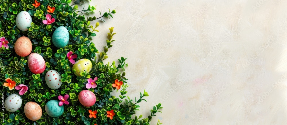 Poster Floral arrangement with boxwood and colorful eggs suitable for an Easter card with space for text or images. with copy space image. Place for adding text or design