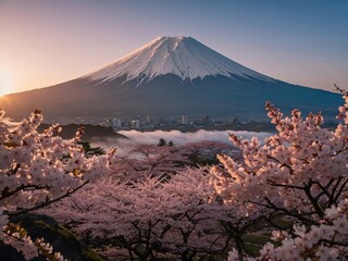 Sunrise over Mount Fuji, Japan, with cherry blossoms in the foreground