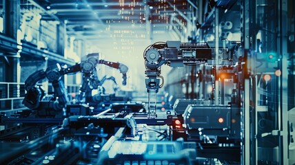 Industry 4.0 double exposure concept.automation ,Robotic arms machine and monitoring system software industrial technology