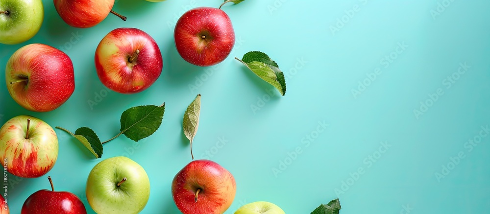 Poster Red and green apples positioned on a turquoise backdrop with copy space image available for text