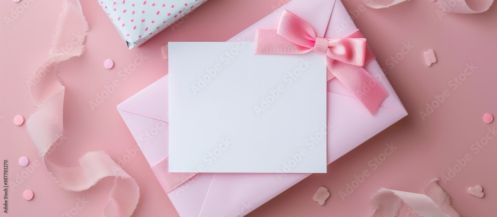 Aufkleber Top view of white blank greeting card on pink paper background with gift box bow and pink ribbon with polka dots creating a copy space image