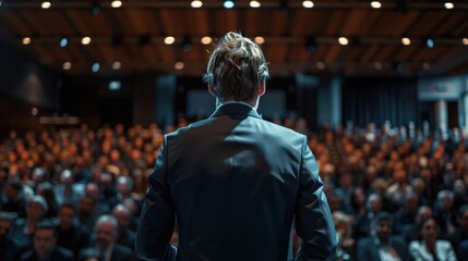 Fototapeta premium A man stands in front of a crowd, giving a speech