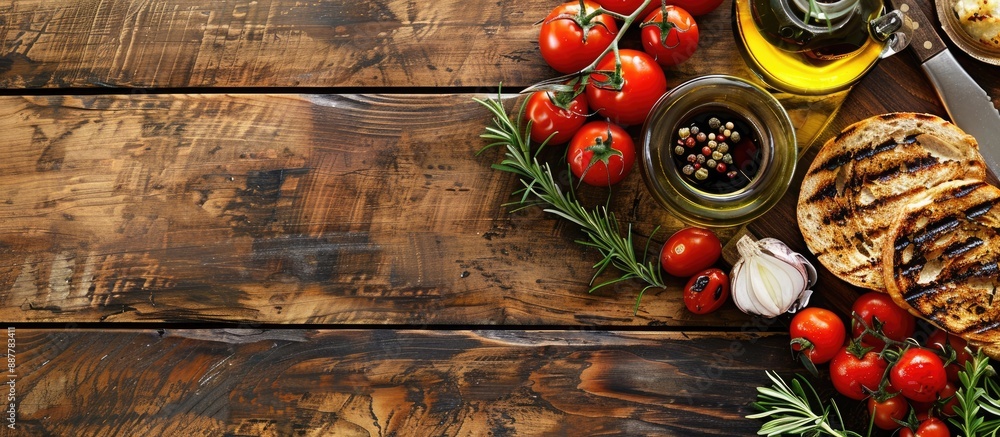 Poster a wooden table set with grilled veggies ripe tomatoes premium olive oil and rye bread featuring a to