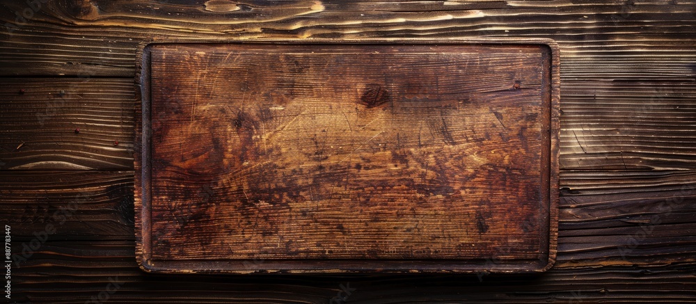 Poster dark wooden table with an aged cutting board top down perspective with ample copy space image availa