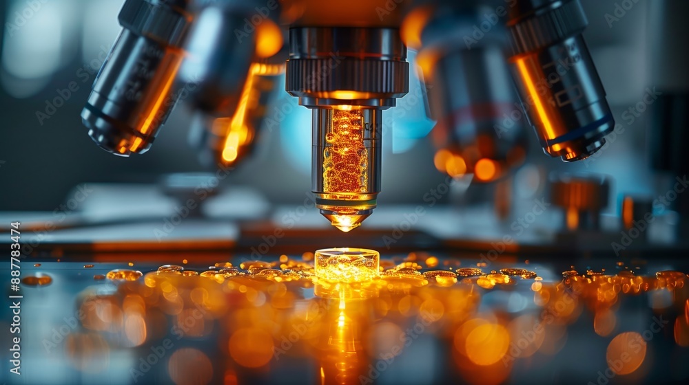 Aufkleber a close-up image of a microscope lens, focusing on a specimen illuminated with warm, orange light.