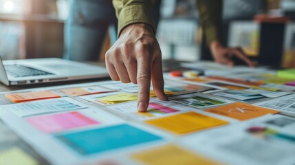 A person pointing at a colorful piece of paper with a yellow sticker on it