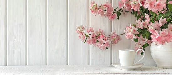 Fototapeta premium White wooden table with a dainty jug of cream beside rose rhododendron flowers in a high key setting creating a backdrop with ample copy space image