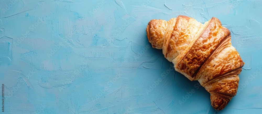 Fototapete A fresh croissant is displayed on a blue background with copy space perfect for a rustic food background image