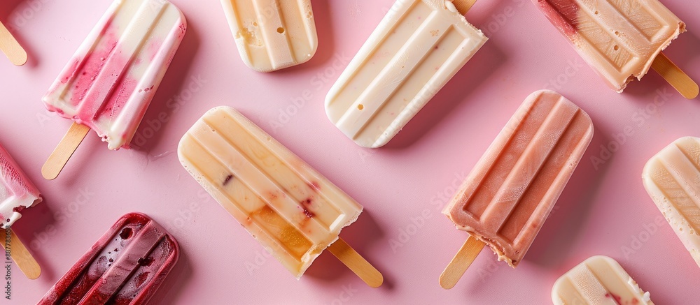 Poster Copy space image of various popsicle ice creams on a soft pink spring themed background photographed from above in a flat lay style