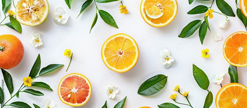Aufkleber high quality image of a flat lay arrangement featuring citrus fruits leaves and flowers on a white b