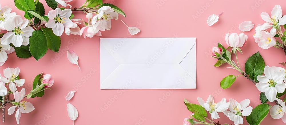 Poster long wide banner featuring a blank letter envelope and apple tree flowers on a millennial pink backg