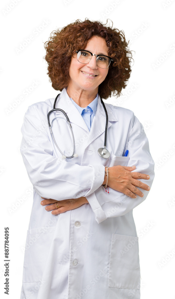 Poster Middle ager senior doctor woman over isolated background happy face smiling with crossed arms looking at the camera. Positive person.