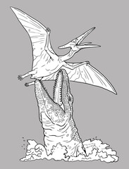 Mosasaurus attacks a flying Pteranodon from the water. Handmade drawing with prehistoric creatures to color in. Dinosaur fight. © Lunstream