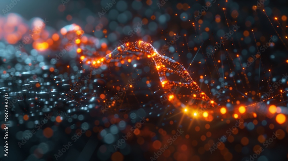 Poster an abstract visualization of lab-on-a-chip technology, featuring a glowing orange and blue particle 