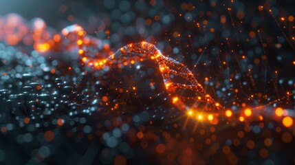 An abstract visualization of lab-on-a-chip technology, featuring a glowing orange and blue particle field.