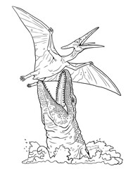 Mosasaurus attacks a flying Pteranodon from the water. Handmade drawing with prehistoric creatures to color in. Dinosaur fight. © Lunstream