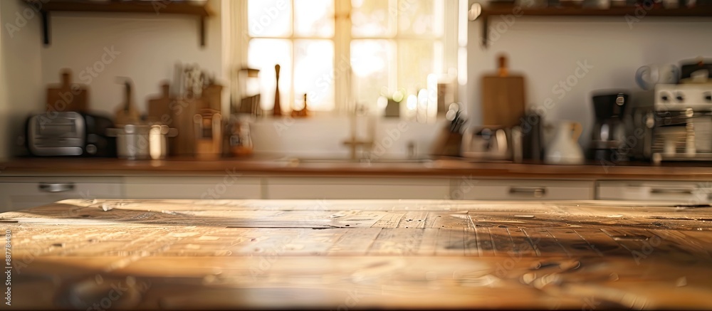 Aufkleber blurry kitchen background with table top in focus perfect for copy space image