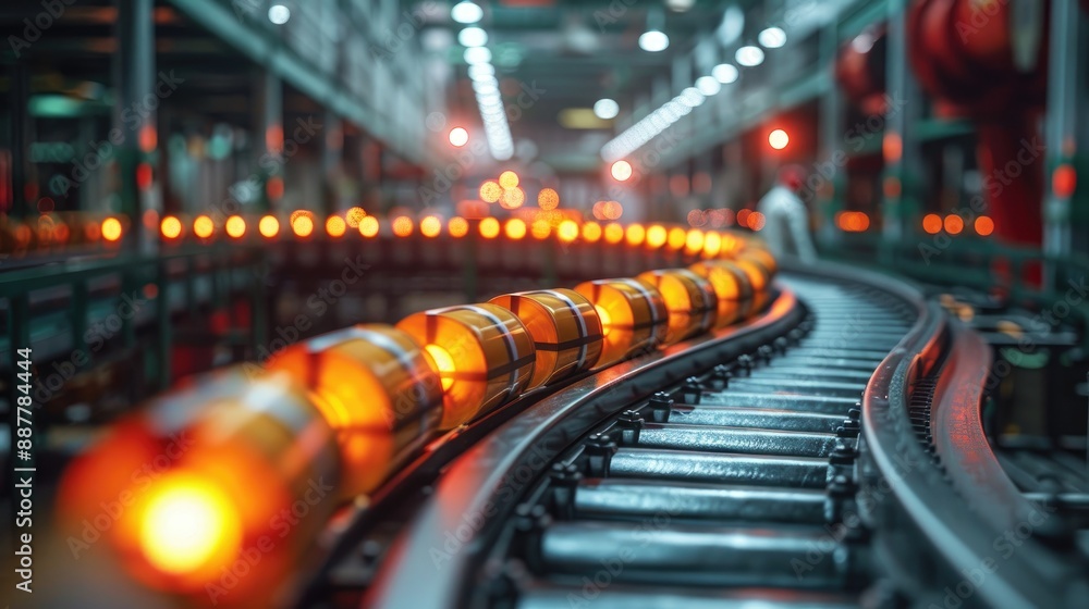 Poster automated assembly line in a factory with glowing products in production, showcasing industrial prec