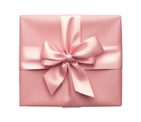 Top view of pink wrapped gift with ribbon and bow