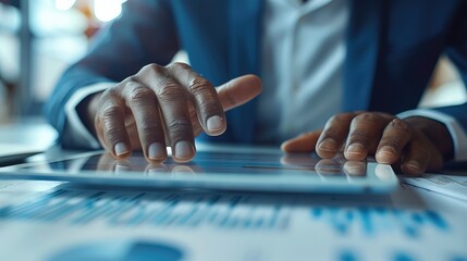 A man is using a tablet to point at a graph