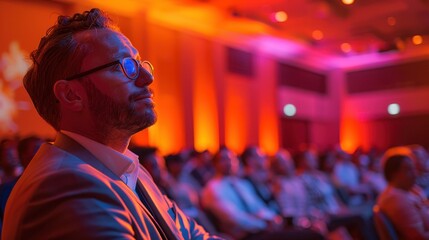 Fototapeta premium A man in a suit is sitting in a large auditorium with a crowd of people
