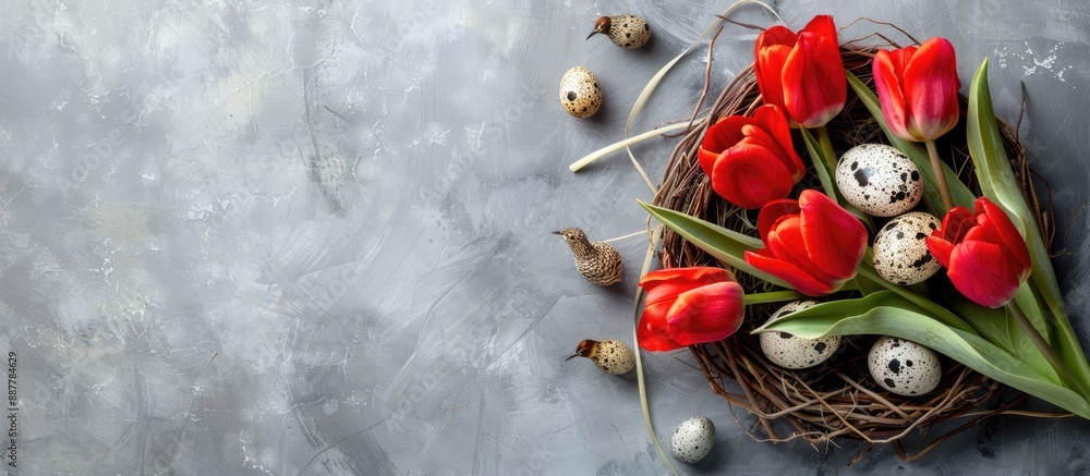 Poster Spring and Easter themed composition featuring lovely red tulips vibrant quail eggs in a nest on a soft gray background ideal for a copy space image