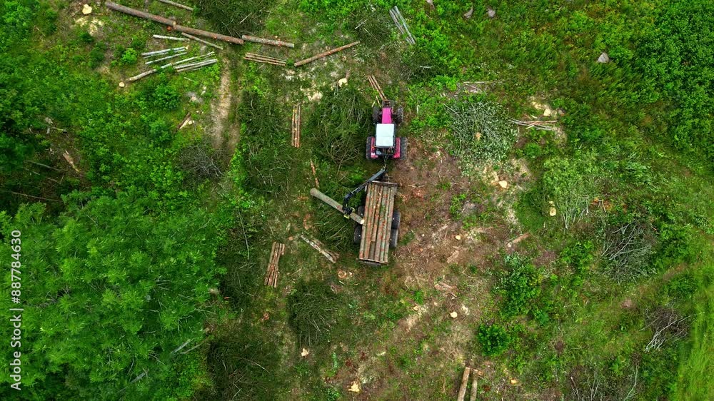 Poster log loading tractor stacking timber - straight down aerial view