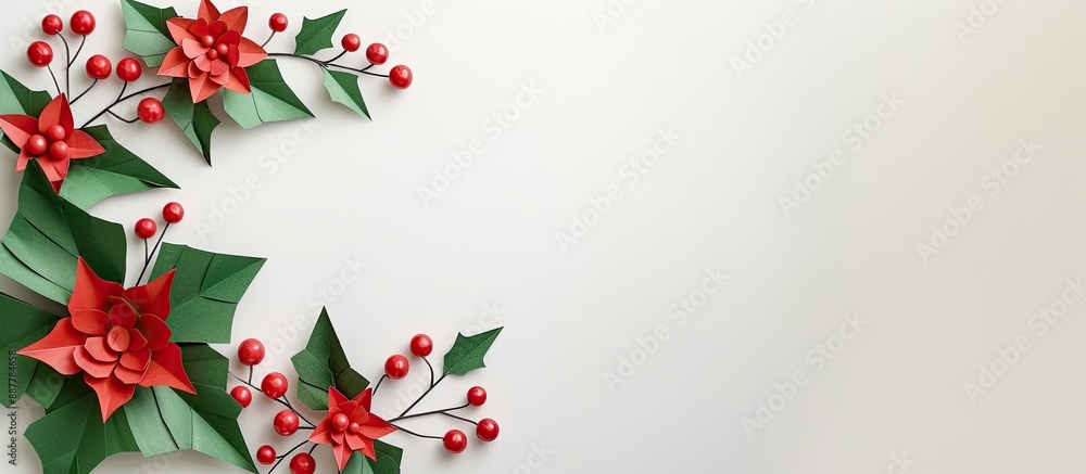 Poster children s art creating a paper flower holly with red berries on a white backdrop for a christmas th