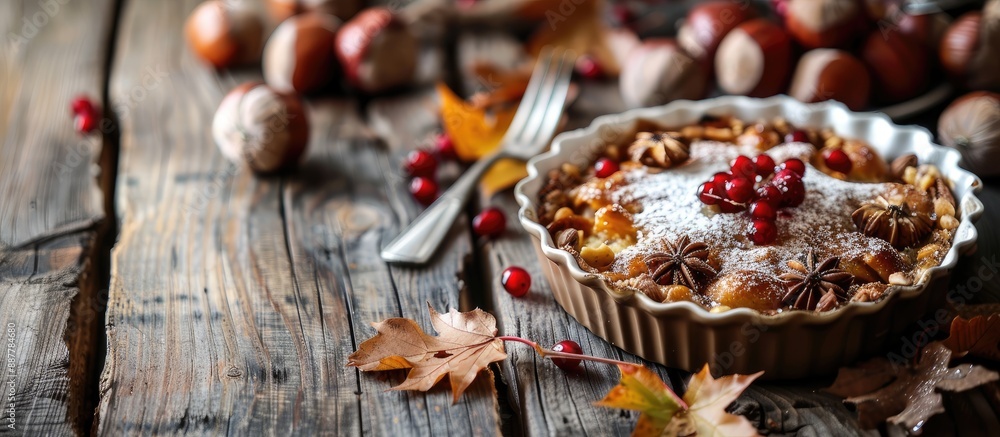 Poster chestnut pudding made at home with a rustic presentation and an inviting copy space image