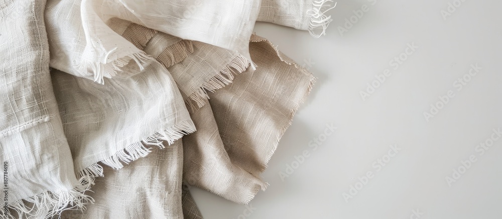 Poster linen pieces on white background for fabric samples mockup with copy space image