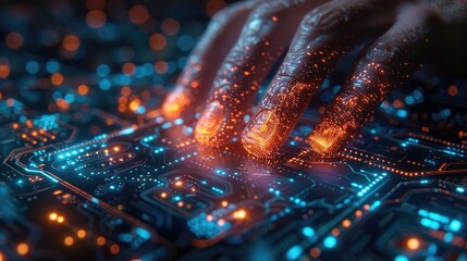 Close-up of a hand touching a futuristic glowing circuit board, representing advanced technology, innovation, and digital connections.