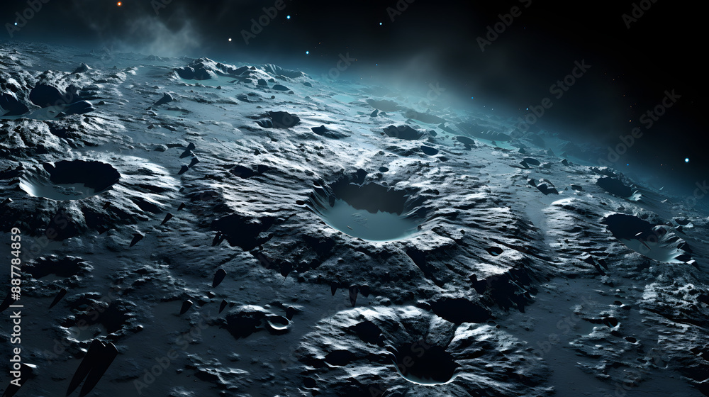Poster a desolate and icy alien planet surface in deep space. the rugged terrain is marked by numerous crat