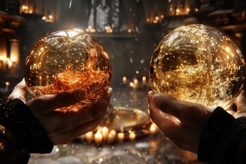 Hands Holding Golden Globes Magical and Festive Digital Photography Warm Lighting Detailed and Intricate