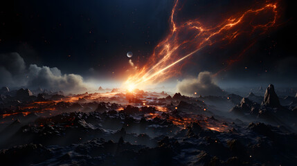 A fiery comet streaks across a dark sky, its tail illuminating a desolate landscape of molten rock and jagged mountains.