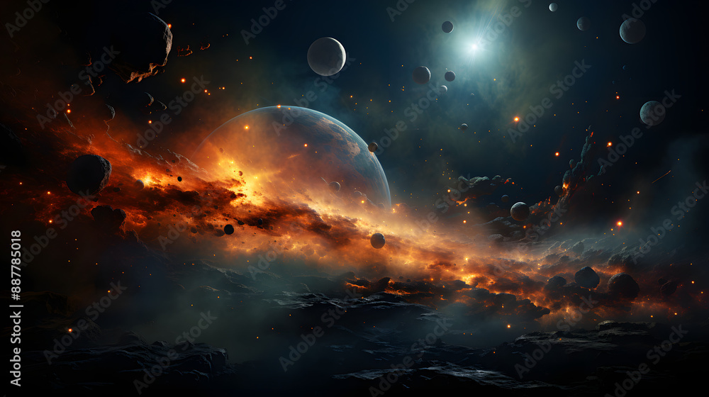 Poster a fiery inferno engulfs a terrestrial planet in deep space, surrounded by asteroids and moons, with 