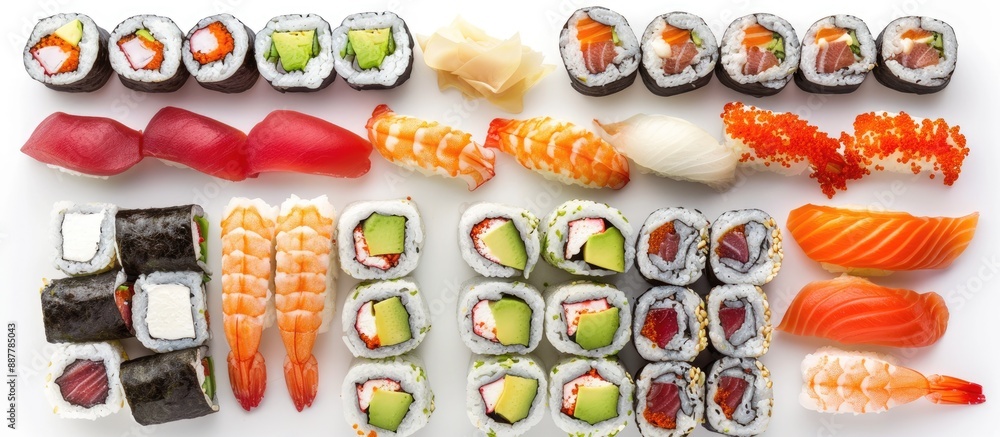 Poster A delightful variety of sushi rolls like Eel Maki and Philadelphia Roll displayed with a blank area for text in the image Top view showcases the sushi embodying Asian or Japanese culinary art