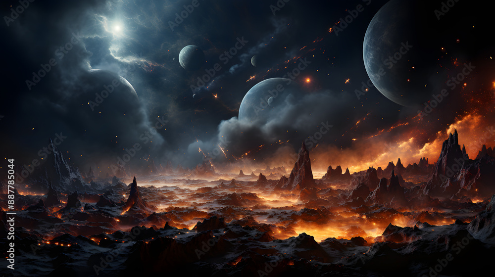 Poster a fiery hellscape of a planet with molten lava flows and erupting volcanoes set against a backdrop o