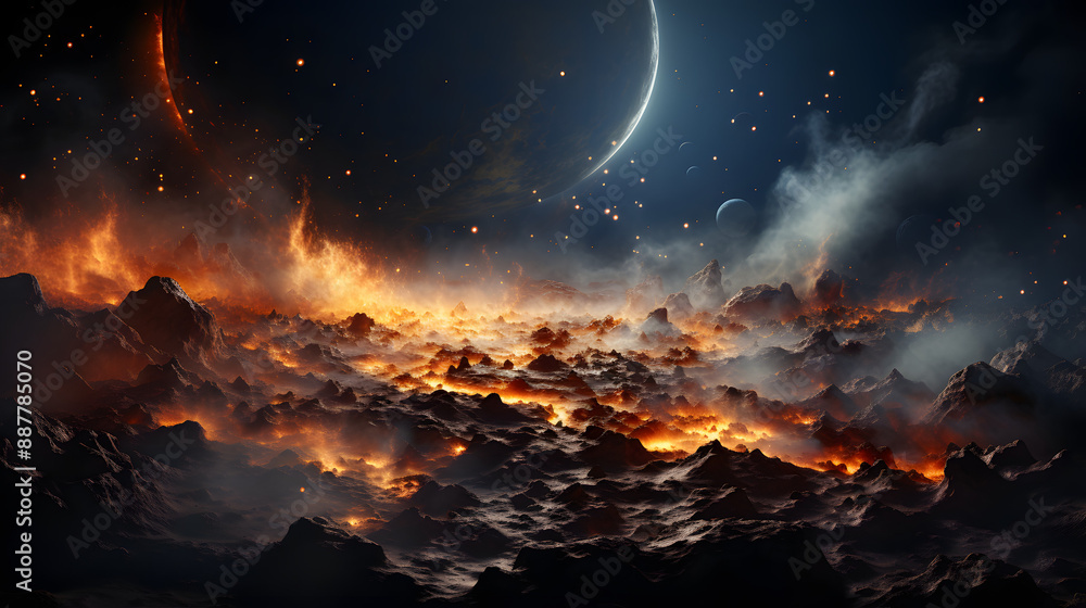 Poster a fiery hellscape of a planet in deep space. molten lava flows through deep crevices, illuminating t