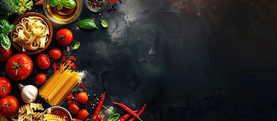 Dark background with pasta and food ingredient creates an appealing copy space image