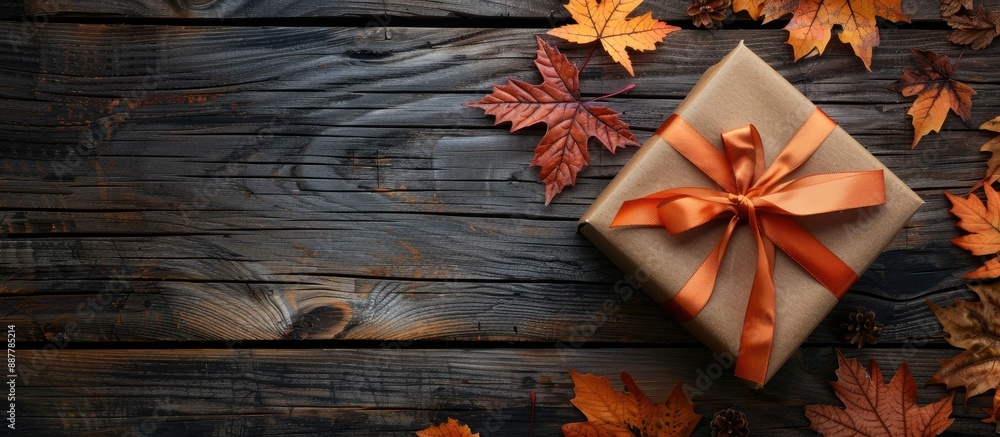 Poster Autumn themed composition featuring a gift box maple leaves and a festive ribbon bow set on a rustic wooden table with copy space image perfect for autumn sale promotions