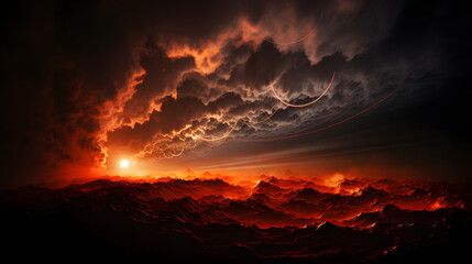 A fiery red sunset over a vast mountain range casts an eerie glow on the swirling clouds above. Streaks of light cut through the sky, suggesting some otherworldly presence.