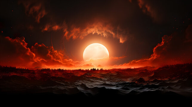 A fiery hellscape with red clouds and lava flowing like an ocean under a giant moon. The horizon is on fire and plumes of smoke are rising into the sky.