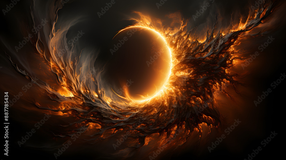Poster an abstract image of a fiery vortex exploding from a crescent-shaped black hole or portal.