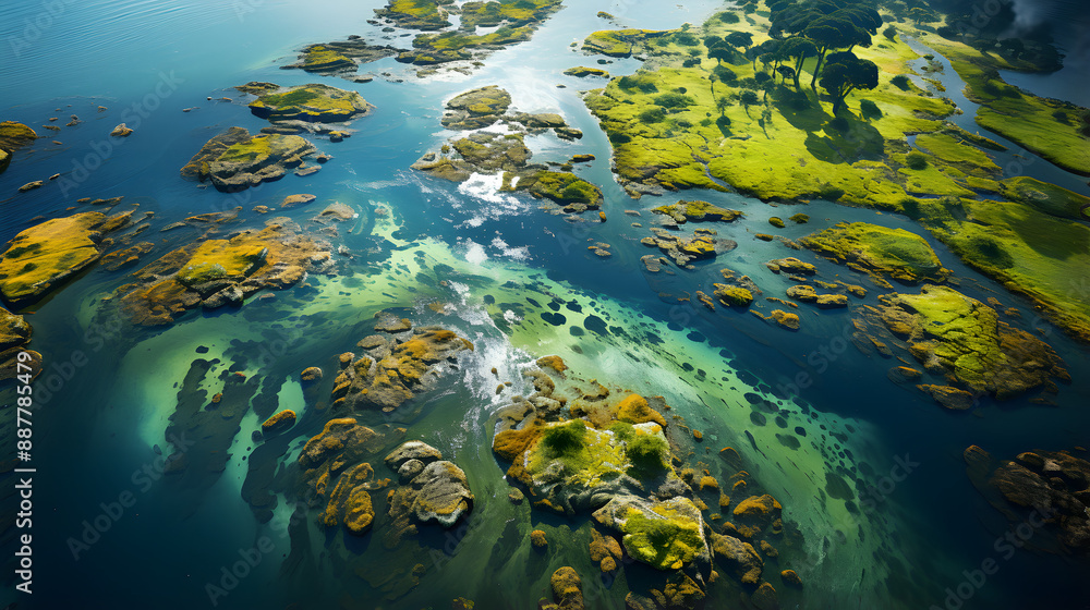 Poster an aerial view of a river flowing through a vibrant green forest, creating a mesmerizing pattern of 